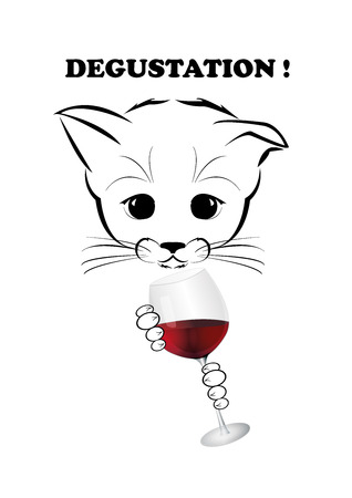 Boso, calm and happy kitten, darling of fortune. Calm smile is playing on his muzzle. He holds glass of old red wine with excellent flavor. Black vector illustration isolated on white background.のイラスト素材