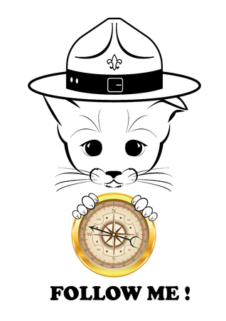 Boso, calm and happy kitten, darling of fortune. Calm smile is playing on his muzzle. With golder compass in his paws he knows direction. Black vector illustration isolated on white background.のイラスト素材