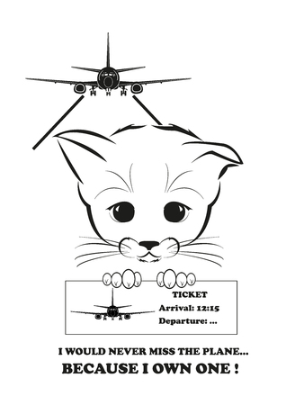 Boso, calm and happy kitten, darling of fortune. Calm smile is playing on his muzzle. He will never miss the plane because he owns one. Black vector illustration isolated on white background.のイラスト素材