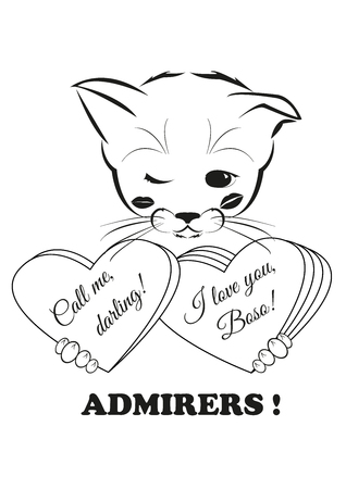 Boso, calm and happy kitten, darling of fortune. Calm smile is playing on his muzzle. And of course a lot of girs give him valentine cards. Black vector illustration isolated on white background.のイラスト素材
