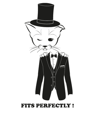Boso, calm and happy kitten, darling of fortune. Calm smile is playing on his muzzle. And of course his cylinder and tuxedo fits just perfectly. Black vector illustration isolated on white background.のイラスト素材