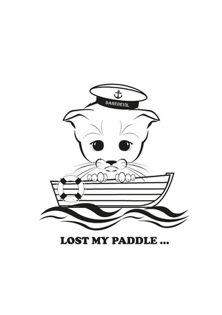 Totono, saddest kitten in the world.  He lost his paddle and now his boat just drifting along the stream. And all sadness of the world is in his eyes. Black vector isolated on white background.のイラスト素材