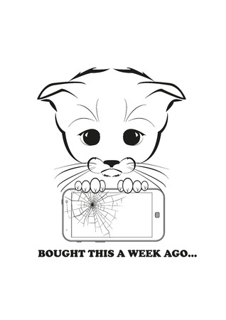Totono, saddest kitten in the world. He dropped his phone and now its screen is broken. Black vector illustration isolated on white background.のイラスト素材