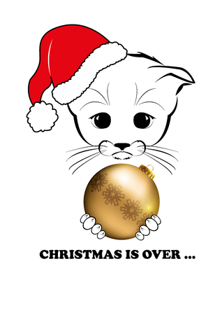 Totono, saddest kitten in the world. He holds beatiful Christmas ball, but Christmas is over. And all sadness of the world is in his eyes. Black vector illustration isolated on white background.のイラスト素材