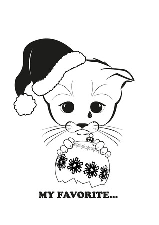 Totono, saddest kitten in the world. He hold  his favourite Christmas ball in his paws and it is broken.  And all sadness of the world is in his eyes. Black vector isolated on white background.のイラスト素材