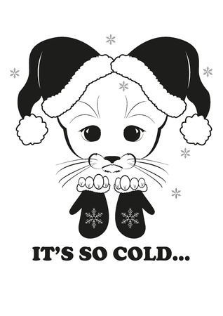 Totono, saddest kitten in the world. He wears two chirstmas hats but it is still so cold. And all sadness of the world is in his eyes. Black vector illustration isolated on white background.のイラスト素材