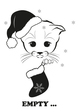 Totono, saddest kitten in the world. He holds empty Christmas stockings in his paws - no presents, no sweets. Only empty house, Christmas hat and snowflakes fallen on the day after Christmas.のイラスト素材