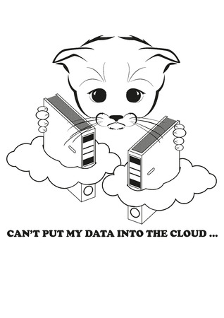 Totono, saddest kitten in the world. He is trying to put his data into the cloud, but fails. And all sadness of the world is in his eyes. Black vector illustration isolated on white background.のイラスト素材