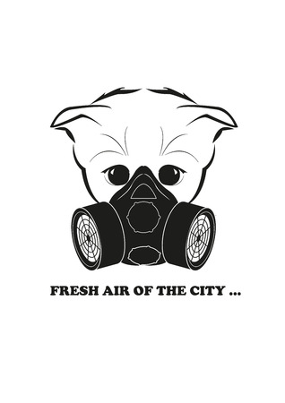 Totono, saddest kitten in the world. He wears gas mask - this is the only way to breathe in modern cities. And all sadness of the world is in his eyes. Black vector isolated on white background.のイラスト素材