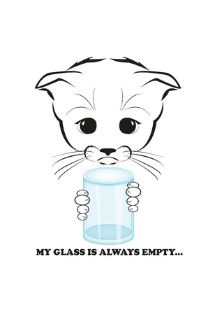 Totono, saddest kitten in the world. His glass is always empty - only failures along his life path. And all sadness of the world is in his eyes. Black vector illustration isolated on white backgroundのイラスト素材