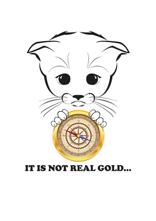 Totono, saddest kitten in the world. He holds brass compass that only looks like gold one. And all sadness of the world is in his eyes. Black vector illustration isolated on white background.のイラスト素材