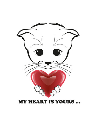 Totono, saddest kitten in the world. He holds heart representing all his love and ready to give it to you. Black vector illustration isolated on white background.のイラスト素材