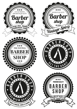 Set of barber shop badges isolated on white background. Collection of badges and elements for company logos, business identity, print products, page and web decor or other design. Vector illustration.のイラスト素材