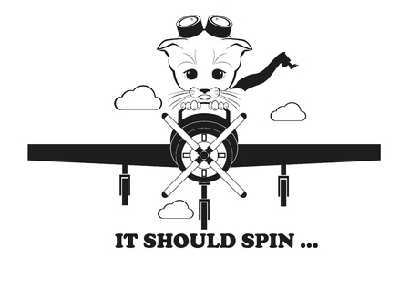 Totono, saddest kitten in the world. He is high in the air on his plane, but engine stops working. And all sadness of the world is in his eyes. Black vector illustration isolated on white background.のイラスト素材