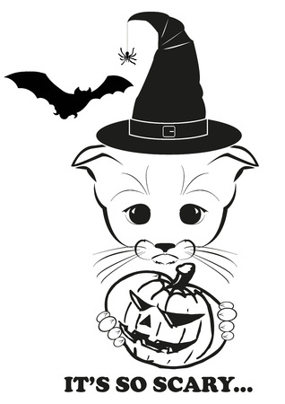 Totono, saddest kitten in the world. Totono holds pumpkin and wear witch hat on Halloween, but he is still very scared. Black vector illustration isolated on white background.のイラスト素材