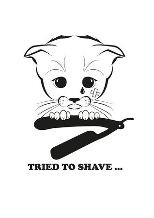 Totono, saddest kitten in the world. He tried to shave first time in his life, but just got a cut. And all sadness of the world is in his eyes. Black vector illustration isolated on white background.のイラスト素材
