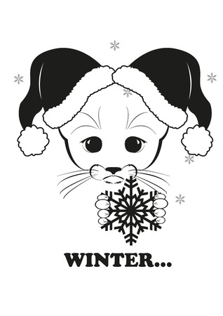Totono, saddest kitten in the world. He holds snowflake in his paws. Winter is coming. And all sadness of the world is in his eyes. Black vector illustration isolated on white background.のイラスト素材