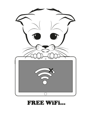 Totono, saddest kitten in the world. He holds a tablet and want to access free wifi point - but wifi is not available. Black vector illustration isolated on white background.のイラスト素材