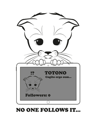 Totono, saddest kitten in the world. He has a twitter account, but nobody following it. And all sadness of the world is in his eyes. Black vector illustration isolated on white background.のイラスト素材