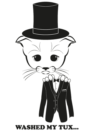 Totono, saddest kitten in the world. He washed his tuxedo and now tux shrinks and does not fit any more. Black vector illustration isolated on white background.のイラスト素材