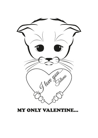 Totono, saddest kitten in the world. Only valentine that he got is written by himself. And all sadness of the world is in his eyes. Black vector illustration isolated on white background.のイラスト素材