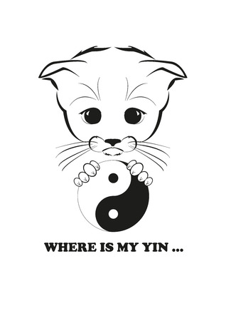 Totono, saddest kitten in the world. He holds yin and yang sybmol and wants to know where he will be able to find his yin. Black vector illustration isolated on white background.のイラスト素材