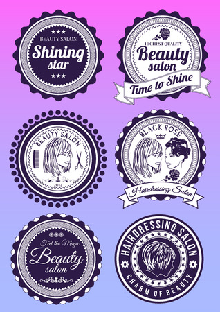 Set of beauty and hairdressing salon colored round badges isolated on gradient background. Collection of elements for company icons, print products, page and web decor. Vector illustration.のイラスト素材