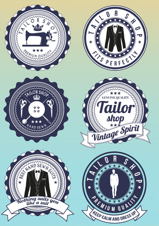 Set of tailor shop dark blue round badges isolated on gradient background. Collection of elements for company logos, print products, page and web decor. Vector illustration.のイラスト素材