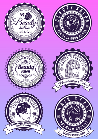 Set of beauty and hairdressing salon purple round badges isolated on gradient background. Collection of elements for company logos, print products, page and web decor. Vector illustration.のイラスト素材