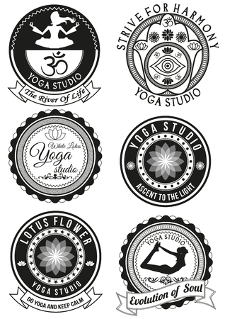 Set of black badges and elements isolated on white background -hamsa, lotus, mandala. Can be used by  yoga and fitness studios and school for logos, print products, page and web decor. Vector.のイラスト素材