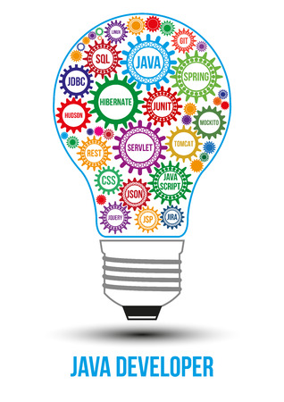 Interconnected colored java technology gears composed in form of light bulb to symbolize idea of collaborative work to solve any problem. Use for logotypes, business identity, print products.のイラスト素材