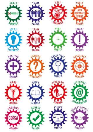 Employee best traits badges of different colors isolated on white background. Can be used by recruiting companies or recruiters for logotypes, business identity, print products, page and web decor.のイラスト素材