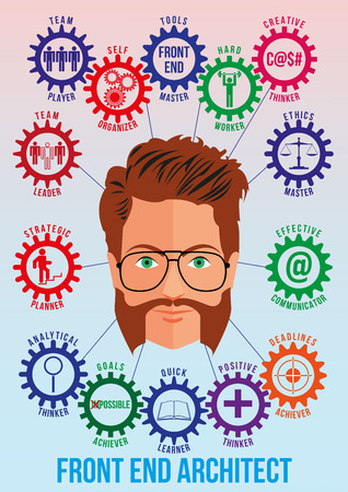 Front end architect picture with tech stack and employee traits as interconnected colored gears symbolizing ability to solve coding problem. Use for logotypes, print products. Vector.のイラスト素材