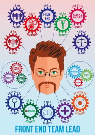 Front end team lead picture with tech stack and employee traits as interconnected colored gears symbolizing ability to solve coding problem. Use for logotypes, print products. Vector.のイラスト素材