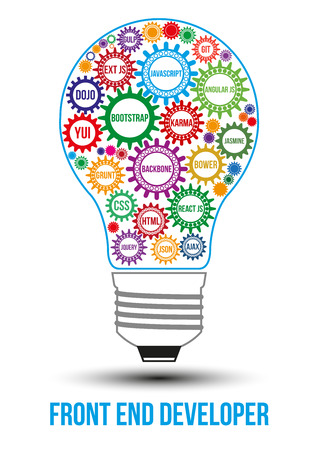 Interconnected colored front end technology gears composed in form of light bulb to symbolize idea of collaborative work to solve any problem. Use for logotypes, business identity, print products.のイラスト素材