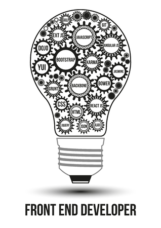 Interconnected black front end technology gears composed in form of light bulb to symbolize idea of collaborative work to solve any problem. Use for logotypes, business identity, print products.のイラスト素材
