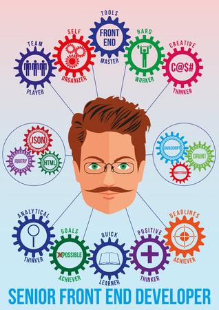 Front end senior developer picture with tech stack and employee traits as interconnected colored gears symbolizing ability to solve coding problem. Use for logotypes, print products. Vector.のイラスト素材