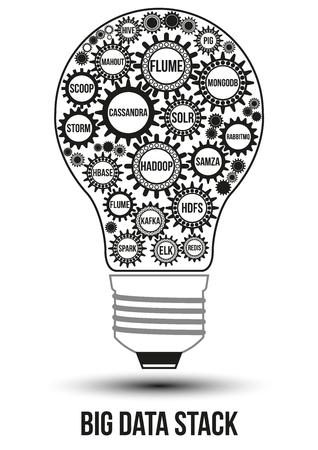Interconnected black big data technology gears composed in form of light bulb to symbolize idea of collaborative work to solve any problem. Use for logotypes, business identity, print products.のイラスト素材