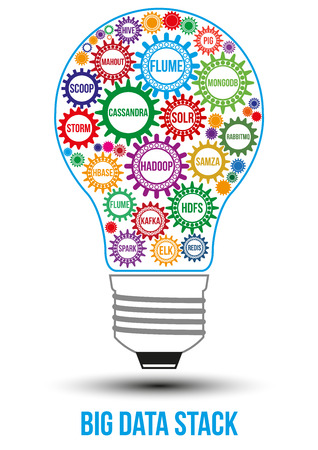 Interconnected colored big data technology gears composed in form of light bulb to symbolize idea of collaborative work to solve any problem. Use for logotypes, business identity, print products.のイラスト素材