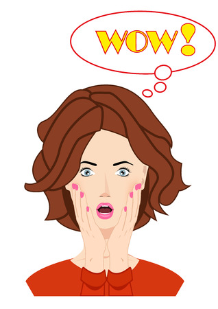 Surprised beautiful woman face with open mouth and hands covering her face. WOW bubble and expression, look and word. Use for for company, print products, page and web decor or other design.のイラスト素材
