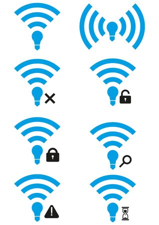 Set of Li-Fi wireless access icons. Li-Fi zone signs with different availability levels. Search Li-Fi icon. Li-Fi access granted and access denied icons. Li-Fi wait icon.のイラスト素材