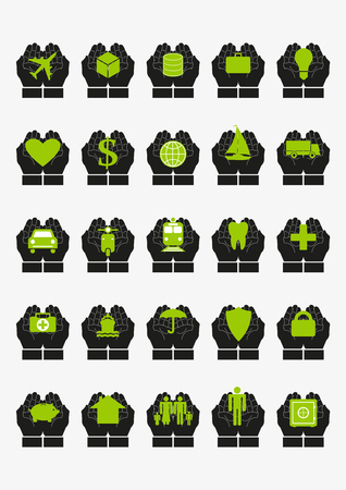 Protective hands insurance set. Every icon composed of protective hands covering something, like transport, cargo, savings, health, family, house, income, savings. Vector isolated on white backgroundのイラスト素材
