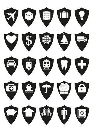 Protective shields insurance set. Every icon composed of protective shield covering something, like transport, cargo, savings, health, family, house, income, savings. Isolated vector. White backgroundのイラスト素材