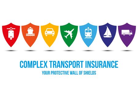 Complex transport insurance design concept with wall of shields, every shield symbolizes protection for different type of transport: car, bike, plane, train, yacht, truck. Rainbow colors conceptのイラスト素材