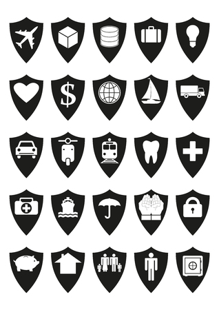 Protective shields insurance set. Every icon composed of protective shield covering something, like transport, cargo, savings, health, family, house, income, savings. Isolated vector. White backgroundのイラスト素材