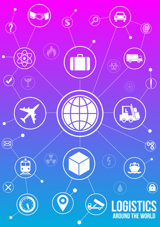 Logistics service design concept. Quick delivery of any type of cargo around the world using all possible kinds of transport to save clients time and money. White icons isolated on gradient backgroundのイラスト素材