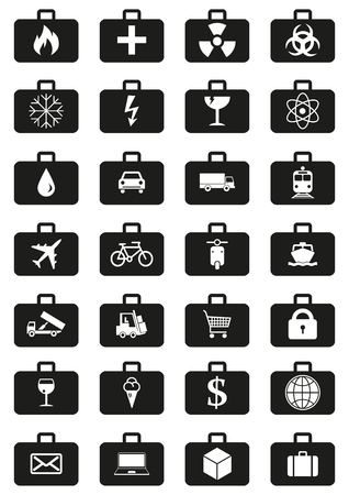 Logistics service icons set represented by suitcases with logistics symbols. Quick delivery of any type of cargo around the world using all possible kinds of transport to save clients time and money.のイラスト素材