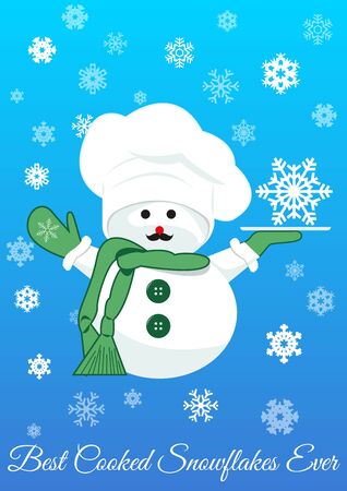 Snowman in green scarf with silver tray holding snowflake. Symbol of winter, snow, new year and christmas. isolated on blue gradient background filled with snowflaces.のイラスト素材