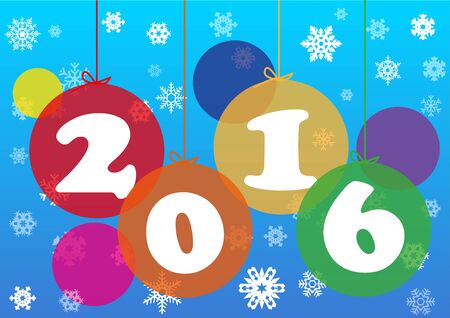 Transparent christmas baubles of rainbow colors with numbers 2016. isolated on blue gradient background filled with snowflakes. Design concept of new year card.のイラスト素材