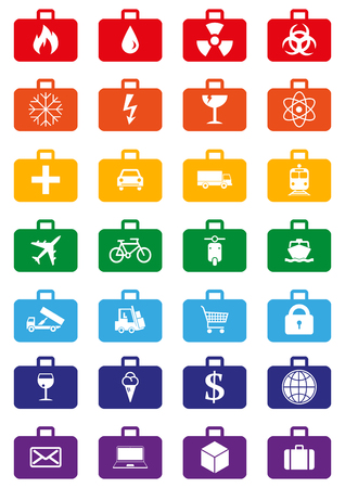 Logistics service icons set represented by suitcases with logistics symbols. Quick delivery of any type of cargo around the world using all possible kinds of transport to save clients time and money.のイラスト素材